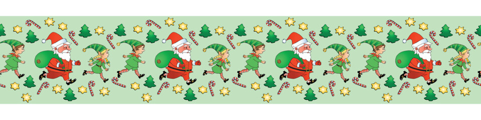 Edging, ribbon, border of Santa Claus and Cute little Christmas Elves. Vector seamless pattern, ornament, decorative element, decoration for New Year, xmas design