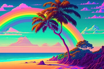 Tropical island with unspoiled beach and tall coconut palm trees - fabulous summer sky with rainbow and calm ocean waves. vibrant colorful seascape illustration.