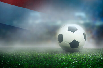 Fototapeta na wymiar Football and Netherlands Flag on Green Field