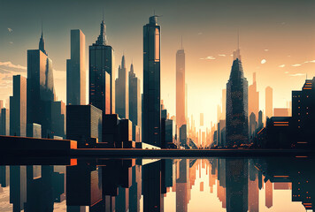 morning panorama of modern city buildings screensaver. Generative AI