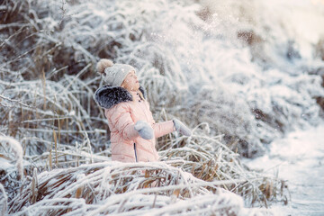winter, a girl walks outside in winter, snow, frost, snowdrifts