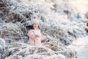 winter, a girl walks outside in winter, snow, frost, snowdrifts