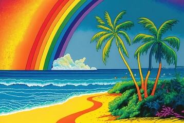 Fototapeta na wymiar Tropical island with unspoiled beach and tall coconut palm trees - fabulous summer sky with rainbow and calm ocean waves. vibrant colorful seascape illustration.