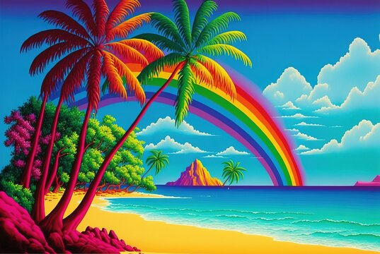 Tropical island with unspoiled beach and tall coconut palm trees - fabulous summer sky with rainbow and calm ocean waves. vibrant colorful seascape illustration.