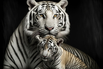 High quality image of a white tigress holding her youngster, isolated on a black backdrop.. Generative AI