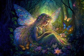 Fairy with wings in an enchanted magical forest. Digital artwork © Katynn