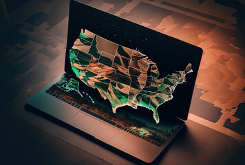 Background study and strategy idea with a double exposure of the digital map of America on a laptop. Generative AI