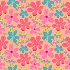 hand drawn colorful flowers garden theme seamless vector pattern. It is suitable for tiles, fabric, cloth, textile, wrapping, and much more.