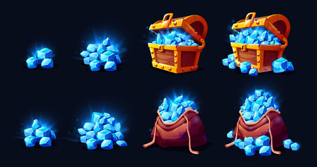 Treasure chest and bag with gem stones game icons. Wooden trunk or sack with blue crystals. Trophy growth, level reward, pirate loot, fantasy assets, gui elements, Cartoon vector illustration, set © klyaksun