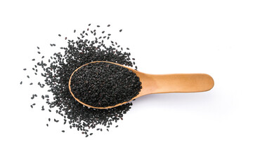 Black sesame seeds in wooden spoon isolated on white background , top view , flat lay.
