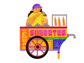 Filipino sorbetes cart side view illustration in rainbow colors with lady vendor - obrazy, fototapety, plakaty