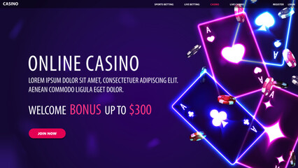 Online casino, banner for website with offer, neon casino playing cards and poker chips on blue background