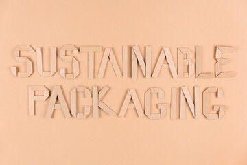 Sustainable paper packaging concept. Text Sustainable Packaging over light brown background. Flat lay style