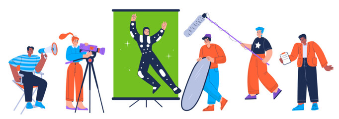 Fototapeta na wymiar Film crew recording movie. Cinema production team with woman with camera, director with megaphone in chair, actor near green screen, men with microphone and reflector, vector flat illustration