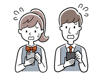 ベクターイラスト素材：スマホを使う学生の男女、困る
