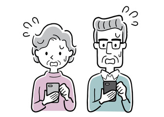 ベクターイラスト素材：スマホを使うシニア男女、慌てる
