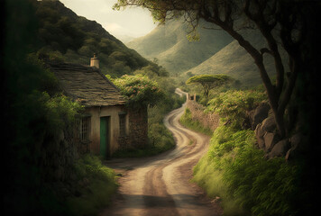narrow rustic road surrounded by a lush valley. Generative AI
