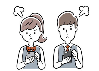 ベクターイラスト素材：スマホを使う学生の男女、怒り
