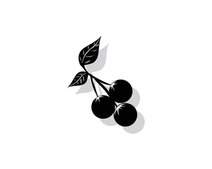 silhouette vector design in black and white of three cherries still attached to leaves and twigs