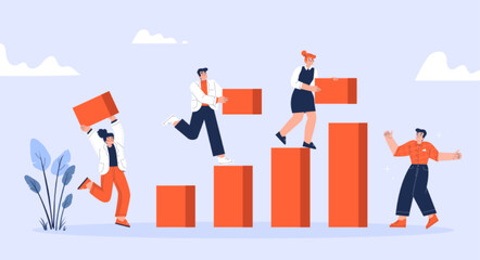 Business team work together, build growth graph. Concept of teamwork, development, leadership, cooperation with people employee carry blocks to chart, vector flat illustration