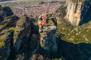 Aerial drone view of Agia triada , Holy Trinity monastery, an unesco world heritage site,  located...