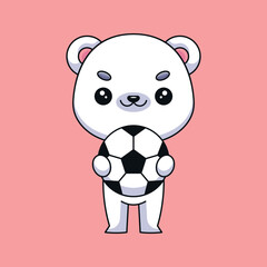 cute polar bear holding soccer ball cartoon mascot doodle art hand drawn concept vector kawaii icon illustration