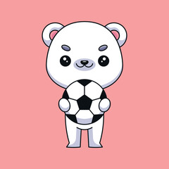 cute polar bear holding soccer ball cartoon mascot doodle art hand drawn concept vector kawaii icon illustration