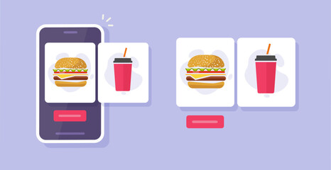 Order fast food delivery online app mobile phone screens vector or buy meal restaurant digital service menu with burger and beverage on cellphone smartphone flat cartoon, eats shop cartoon interface