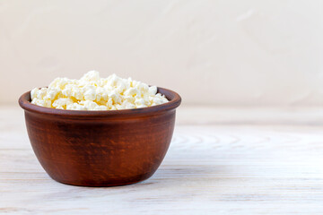 Fresh white cottage cheese in a bowl close-up