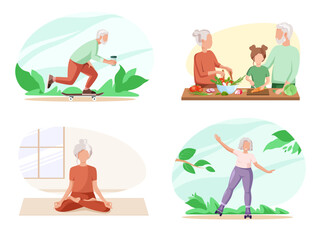 A set of illustrations. Active old age. Roller skates, skate and yoga. Grandma and Grandpa are cooking.
