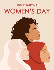 Greeting card with beautiful women of different nationalities. International Women's Day. 