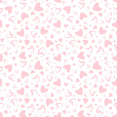 Delicate seamless pattern with pink hearts on a white background.
