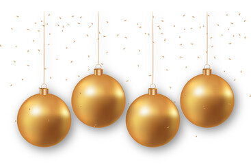 Christmas golden balls and falling confetti on transparent background. Golden realistic Christmas...