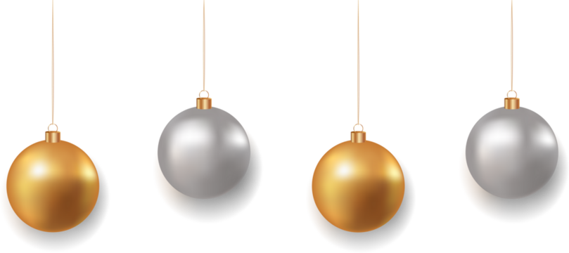 Christmas golden and silver balls on transparent background. Golden realistic Christmas toys. Luxurious hanging trinkets with ribbon. Festive glitter design elements. PNG image - Powered by Adobe