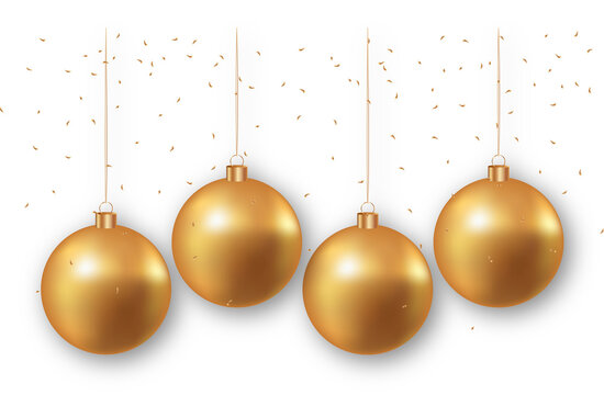 Christmas golden balls and falling confetti on transparent background. Golden realistic Christmas toys. Luxurious hanging trinkets with ribbon. Festive glitter design elements. PNG image
