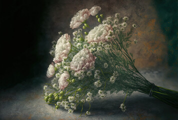On the corner of the marble textured background, a bouquet of baby's breath and carnations was displayed.. Generative AI