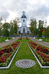Green garden in the park of  Evangelical Neoclassical style Lutheran cathedral of Kuopio  Finland