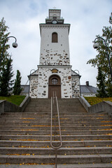 Stairs to the Evangelical cathedral of Kuopio.   Neoclassical style Lutheran church in Kuopio, Finland