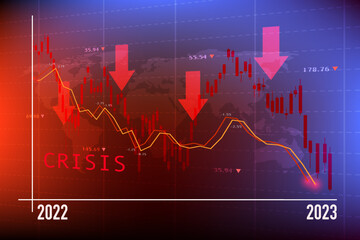 economic recession in 2023  Graphs and slumping stock markets show the global economic crisis in 2023.  The effects of inflation, war, epidemics. EPS10 vector. - obrazy, fototapety, plakaty