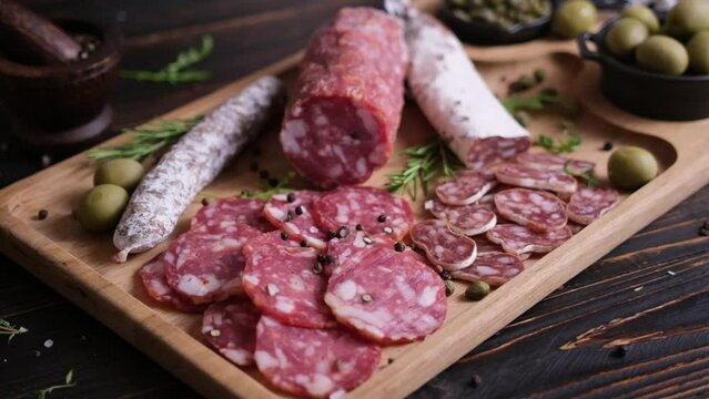 Salt and pepper falling down on sliced fuet salami sausage on wooden cutting board at domestic kitchen