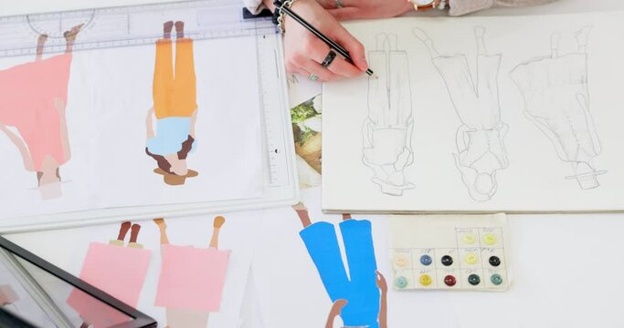 Fashion design, woman hand and designer sketch of creativity, clothes and art while drawing illustration on paper book. Top of artist entrepreneur working on idea, vision and color for project