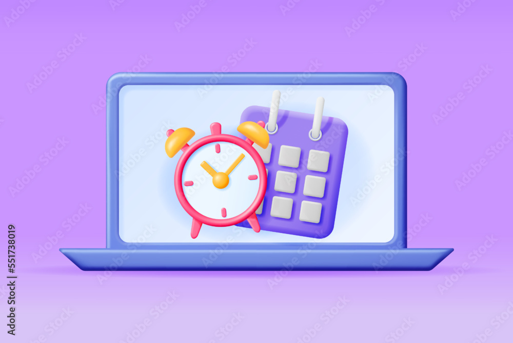 Poster 3d paper spiral calendar and clock on laptop screen. render calendar, clock and mobile computer. sch