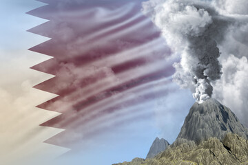 volcano eruption at day time with white smoke on Qatar flag background, troubles because of disaster and volcanic earthquake conceptual 3D illustration of nature