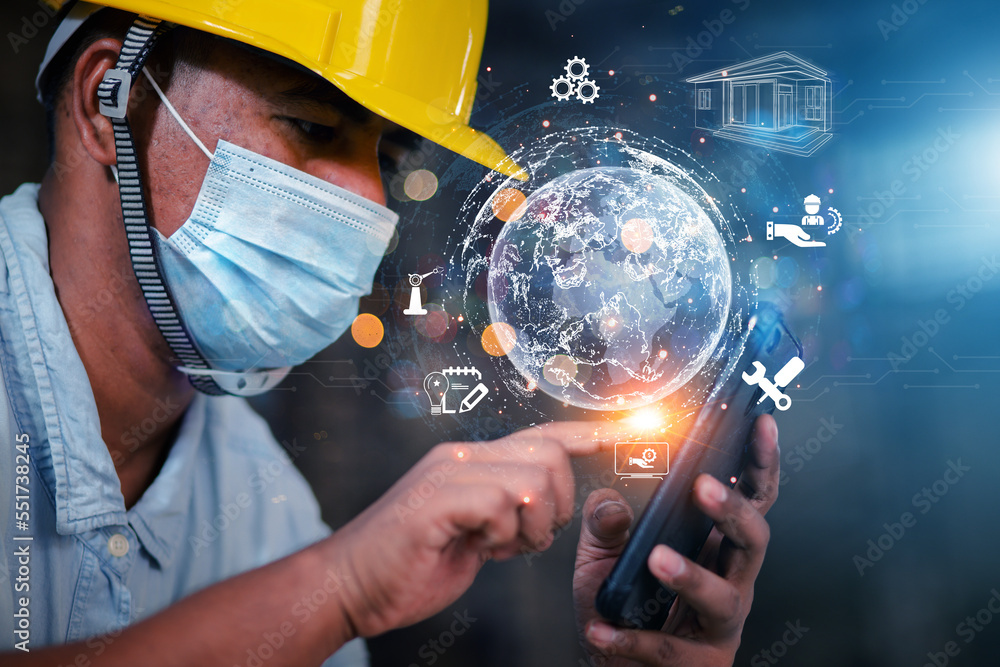 Aufkleber male engineer using smartphone, smart device for digital technology connection and marketing. global
