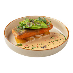 Portion of gourmet dish with trout and avocado
