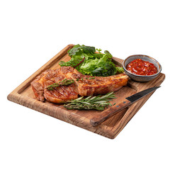 Portion of gourmet beef tomahawk steak with salad