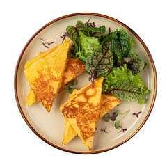 Portion of roast egg toast with cheese and green salad