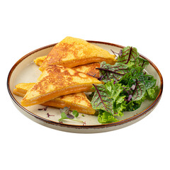 Portion of roast egg toast with cheese and green salad