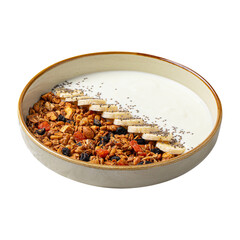 Portion of gourmet granola breakfast with banana