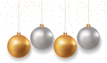 Christmas golden and silver balls and falling confetti on transparent background. Golden realistic Christmas toys. Luxurious hanging trinkets with ribbon. Festive glitter design elements. PNG image